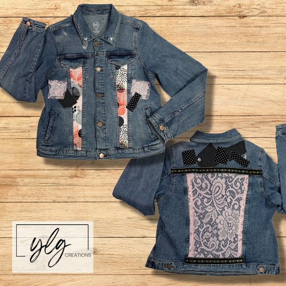 Wonder Nation Denim Jacket Pink Black Lace Polka Dot Pearl Heart Trucker XXL - Picture 1 of 13